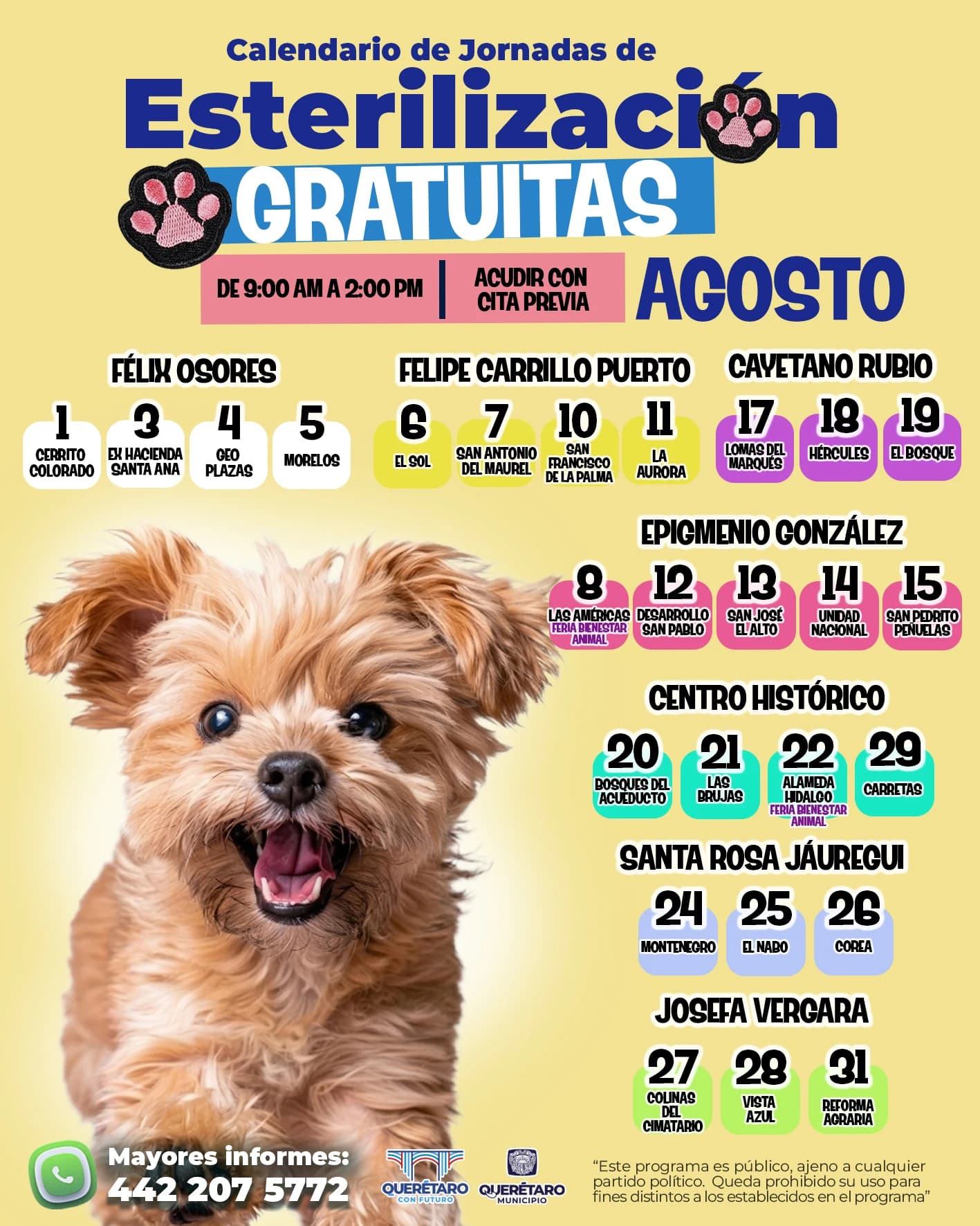 Calendario de jornadas de esterilización gratuitas del Municipio de Querétaro. Las fechas y colonias de cada delegación se detallan en la lista que sigue.